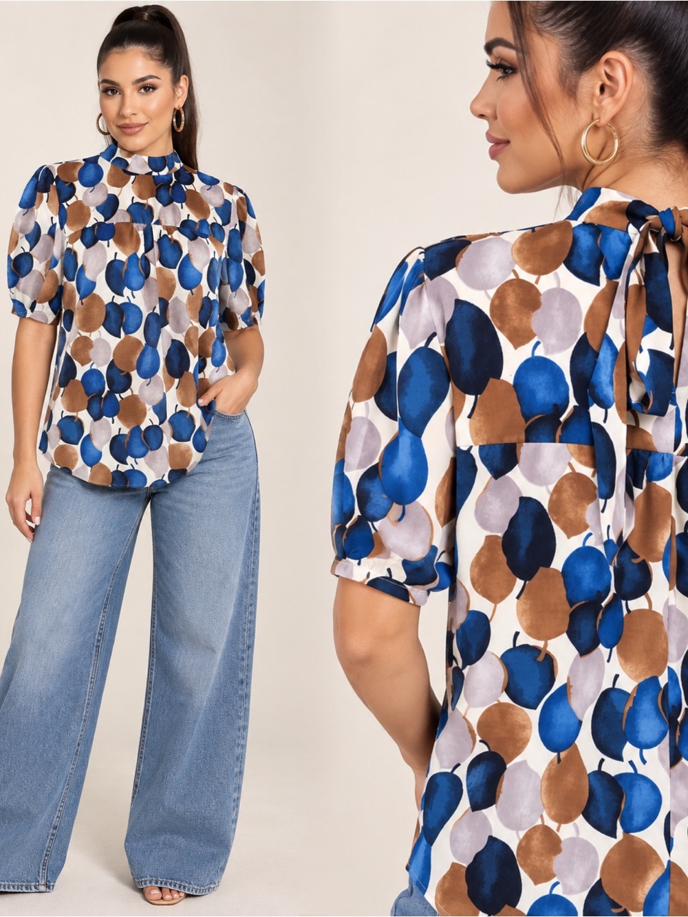 Abstract Blue & Brown Short-Sleeve Blouse with Mock Neck